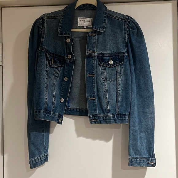 Boho Denim hand painted jacket with rainbow and gold angel wings. Size small. - Picture 2 of 2